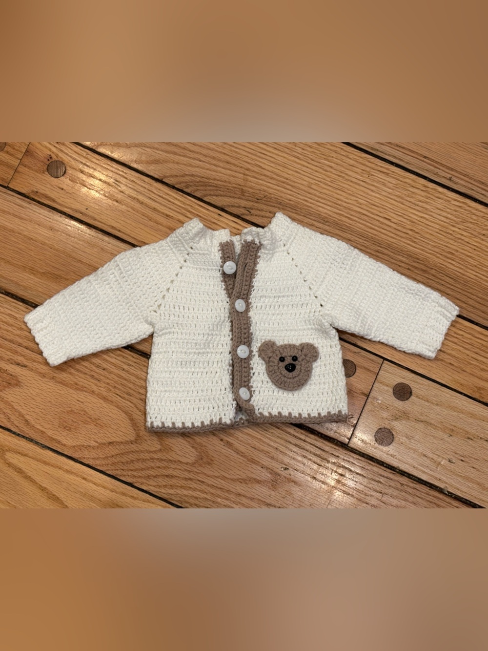 Handmade Cream Baby Cardigan with Brown Trim and Bear Accent 3-6mo